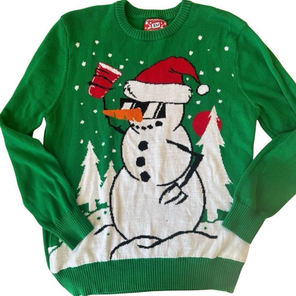 Jen Holiday Sweater Green Snowman Drinking Cup College Party Ugly Sweater Large